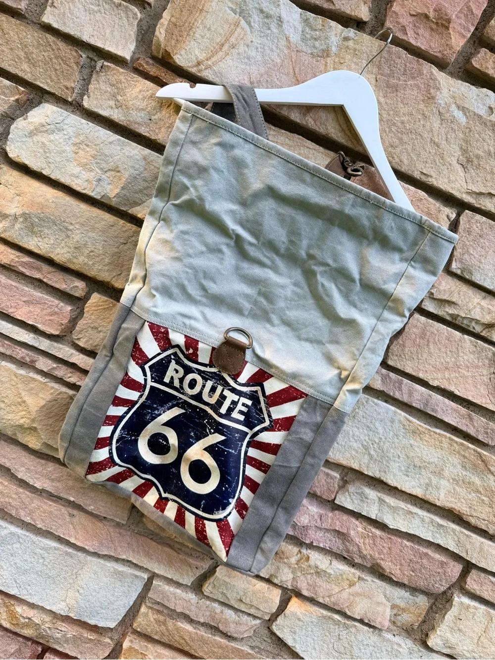 Canvas & leather Route 66 Backpack -Gray made w/all recycled material